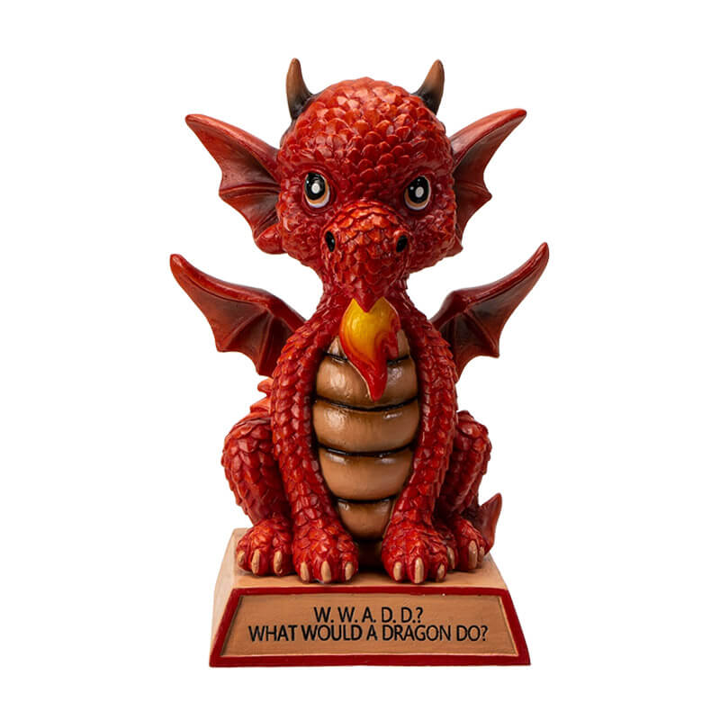 Figurine of a red dragon on a tan base that reads "W.W.A.D.D.? What Would A Dragon Do?"