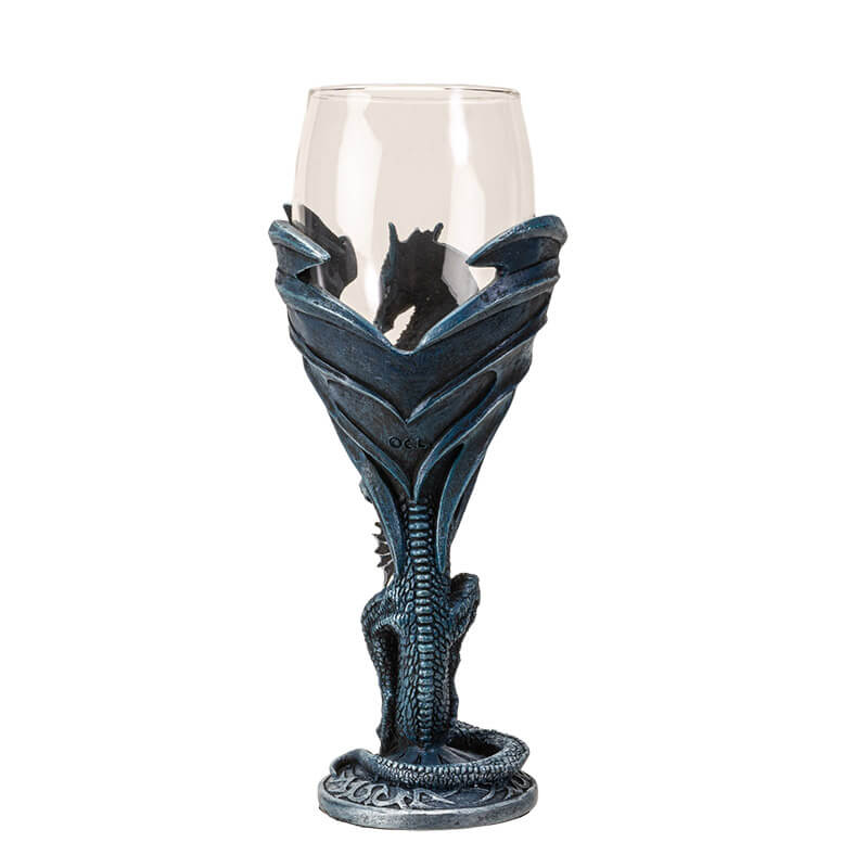 Goblet with glass on top, blue dragon holding a sword forming the stem