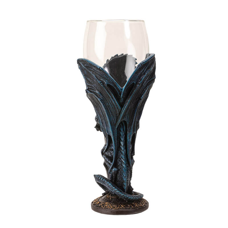 Glass topped goblet with a blue dragon holding a sword making up the stem