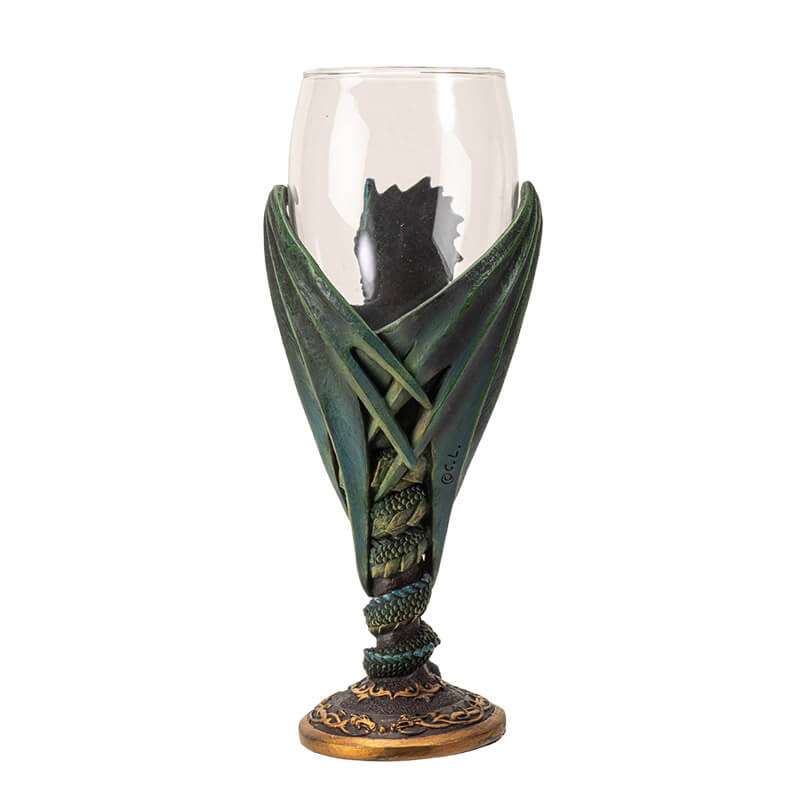 Glass topped goblet with green dragon and sword making up the stem