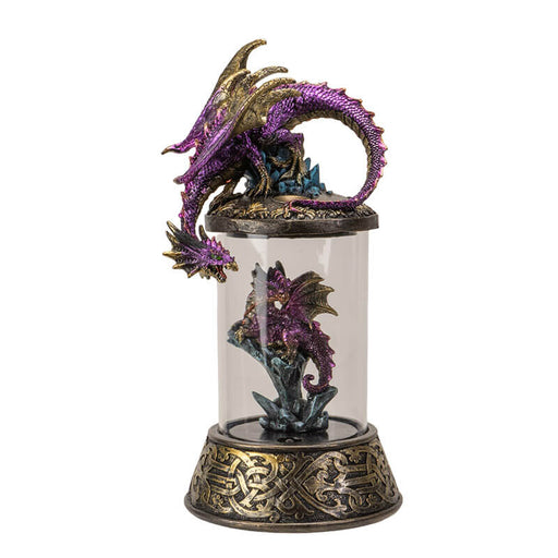 Backflow incense burner with dragon (gold & purple scales) perched on a capsule with a smaller dragon on crystals.