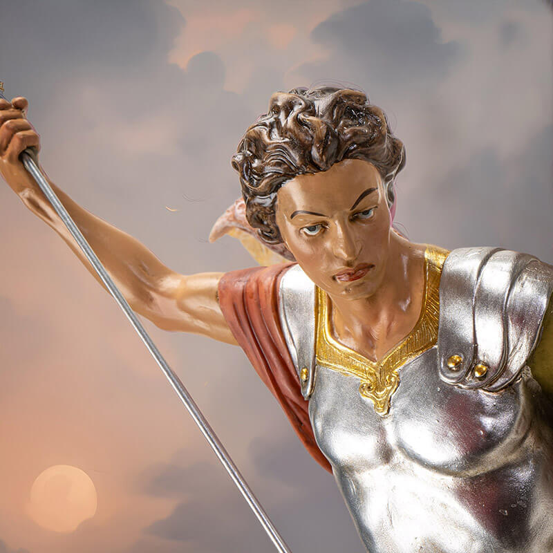 Closeup of Stain Michael's face, silver armor, spear