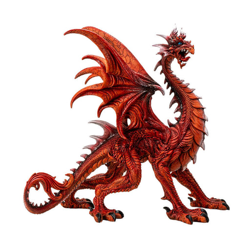 Large red dragon figurine with open mouth and curling tail, detailed scales and spines