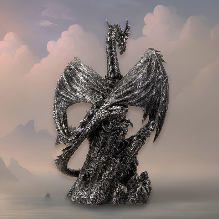 Figurine of black dragon with spiked collar sitting on rock, shown from back