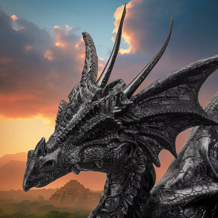Closeup of black dragon face with horns, scales, details