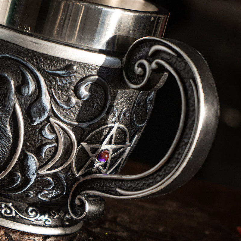 Teacup with black cat with blue eyes, pentacles, moons. Stainless steel insert.