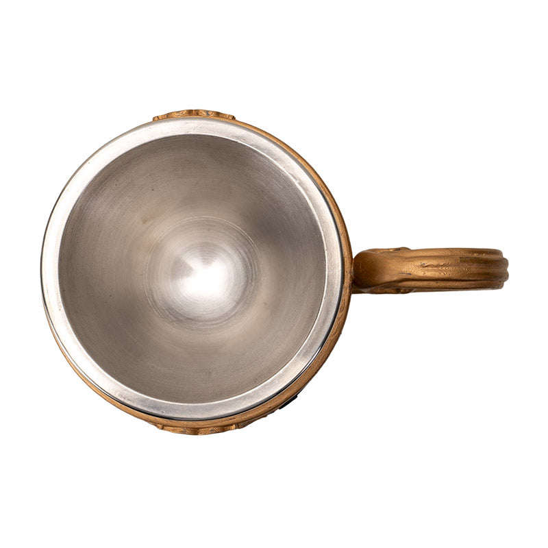 Teacup with blue moth and faux-gold filigree, stainless steel insert