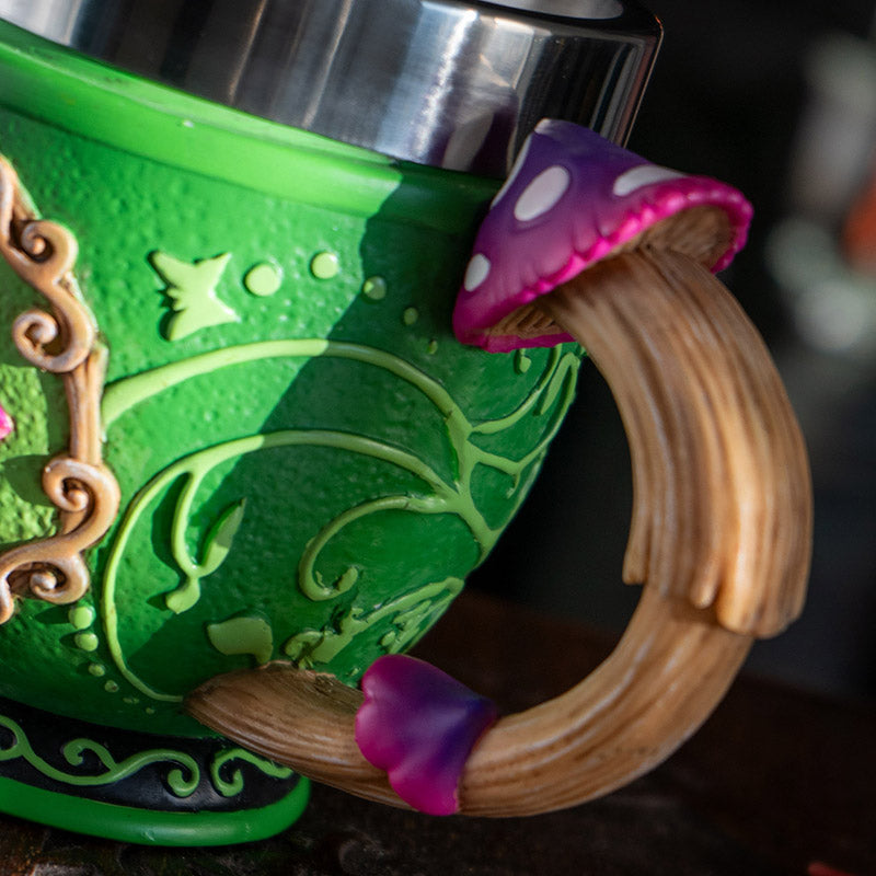 Green tea cup with purple-pink mushrooms and toadstool handle, stainless steel insert