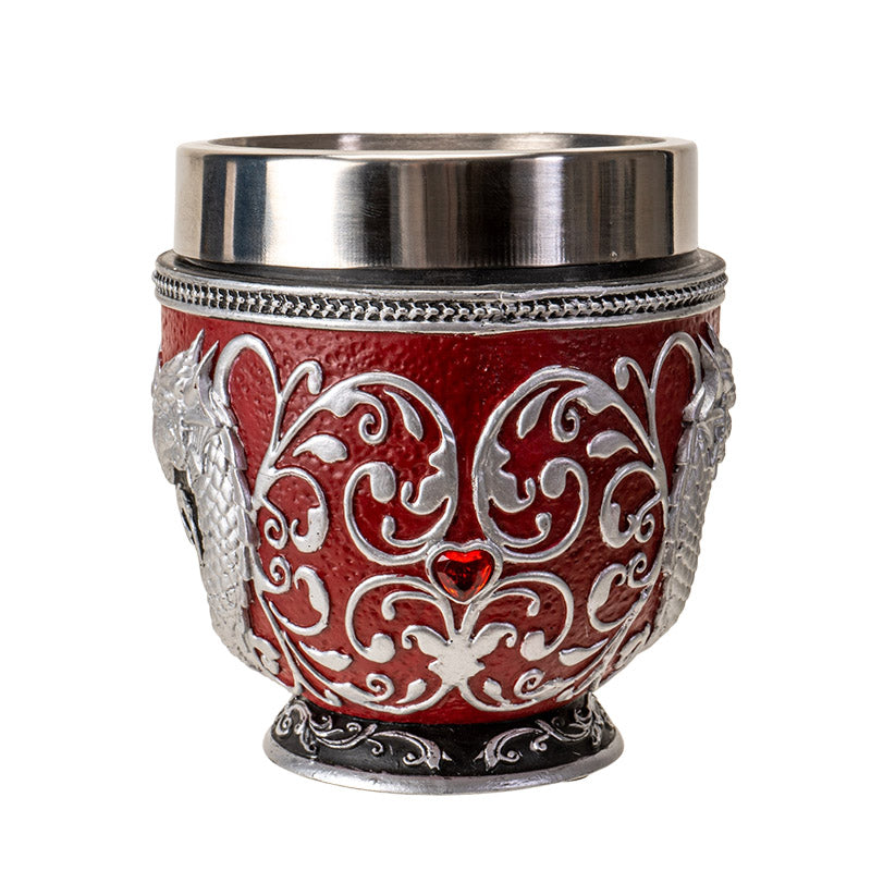 Teacup with stainless steel insert. Dragons in silver forming a heart on red background, swirls and crimson heart jewels.