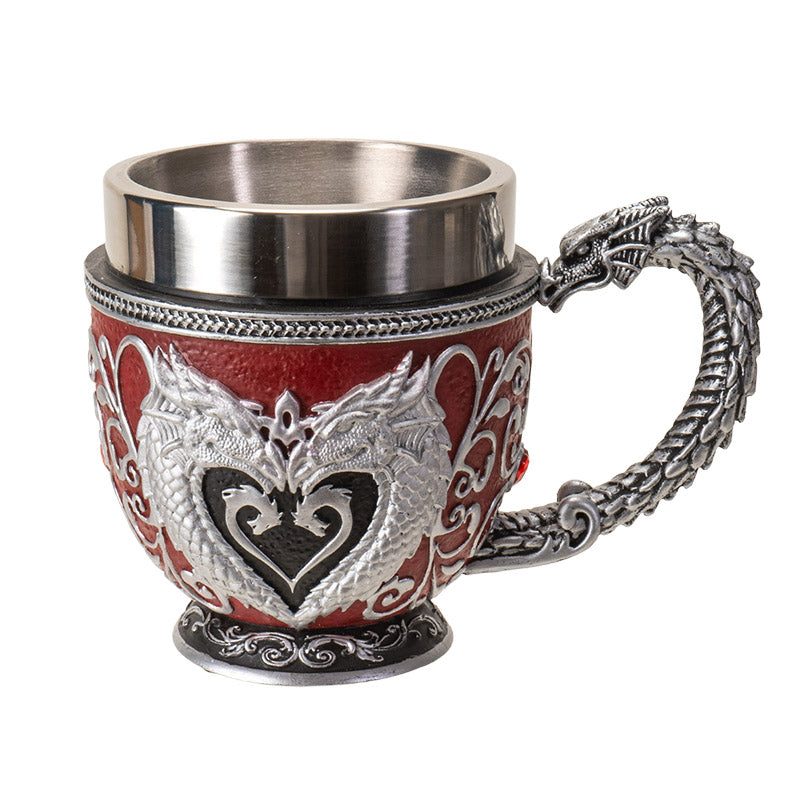 Teacup with stainless steel insert. Dragons in silver forming a heart on red background, swirls and crimson heart jewels.