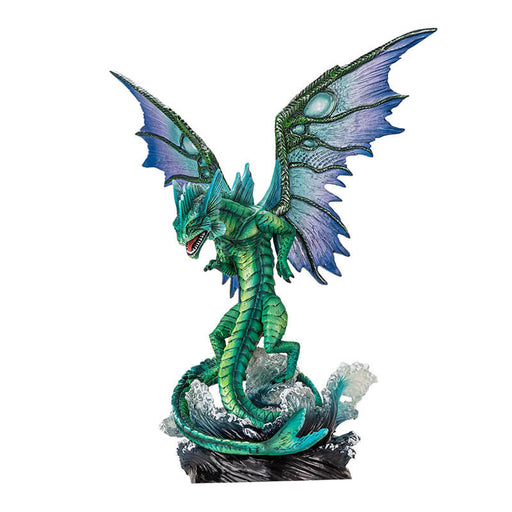 Figurine of green water dragon with emerald and blue wings rising from dark, foamy waves