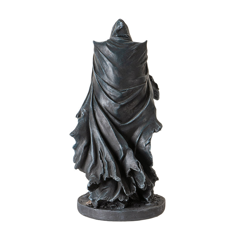 Grim Reaper figurine, skeleton in cloak and hood with bloody chains and weapons. Back view