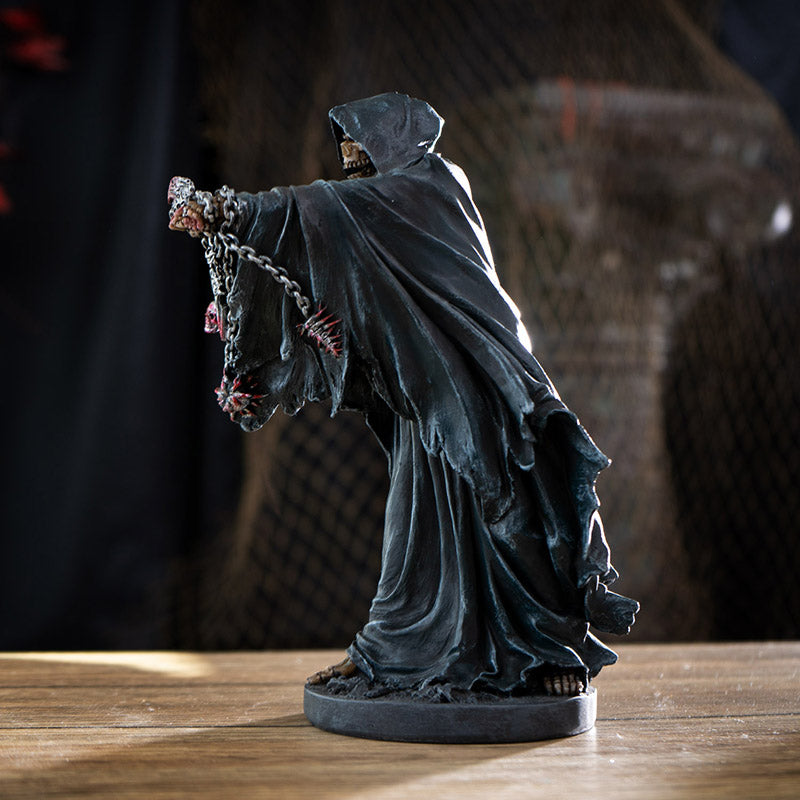 Grim Reaper figurine, skeleton in cloak and hood with bloody chains and weapons
