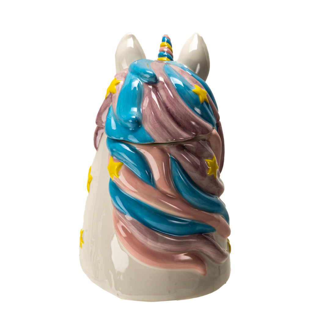 Ceramic unicorn head cookie jar, mane with pink and blue, horn with pink, blue yellow, and yellow stars