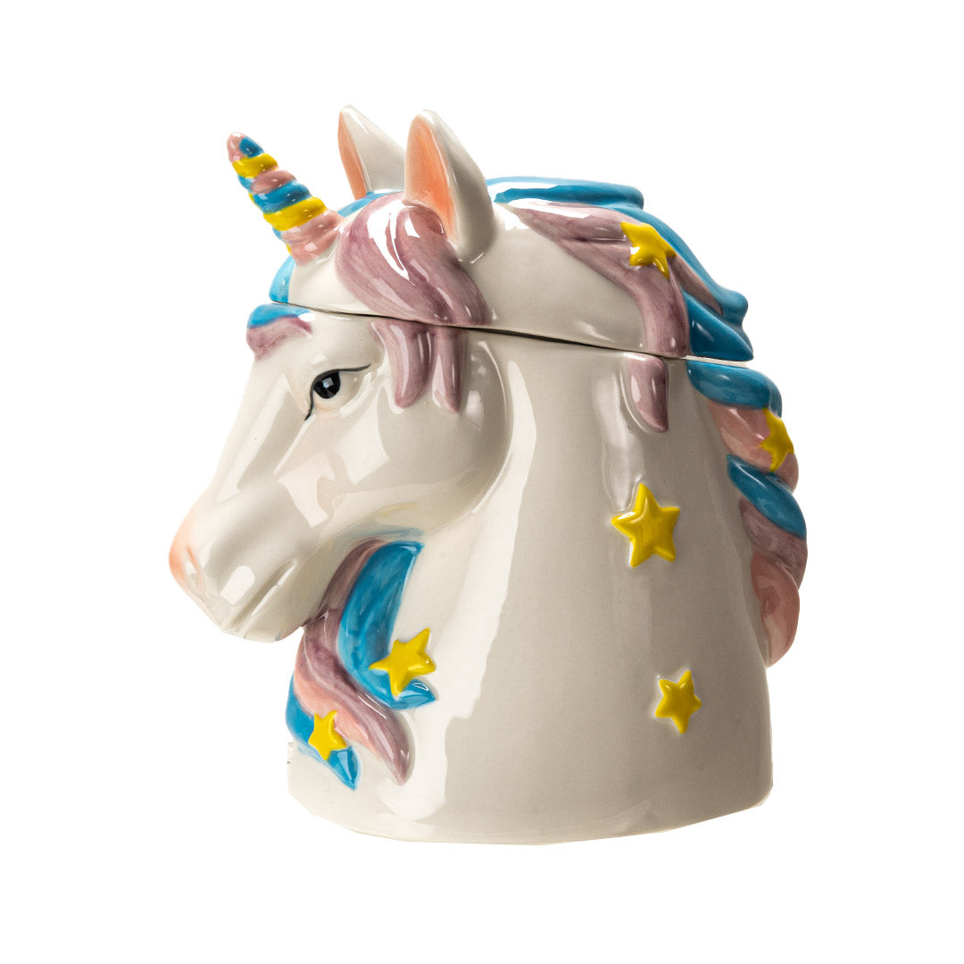 Ceramic unicorn head cookie jar, mane with pink and blue, horn with pink, blue yellow, and yellow stars