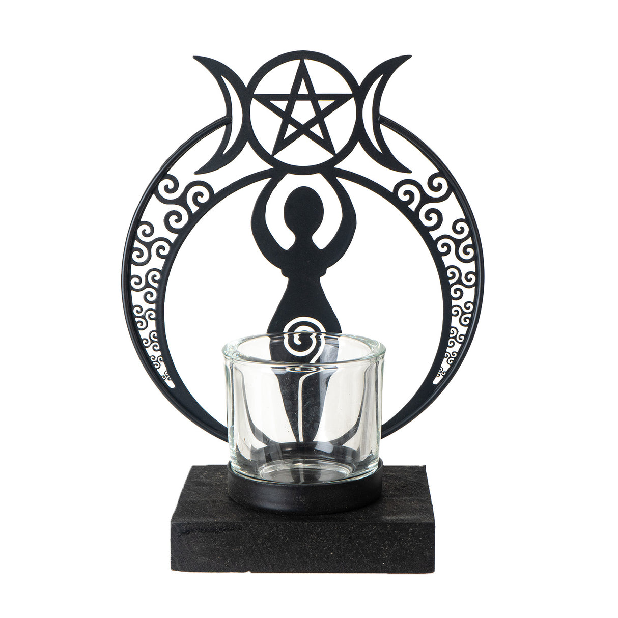 Black metal tealight holder with triple goddess (Danu) with moons, pentacle, swirls