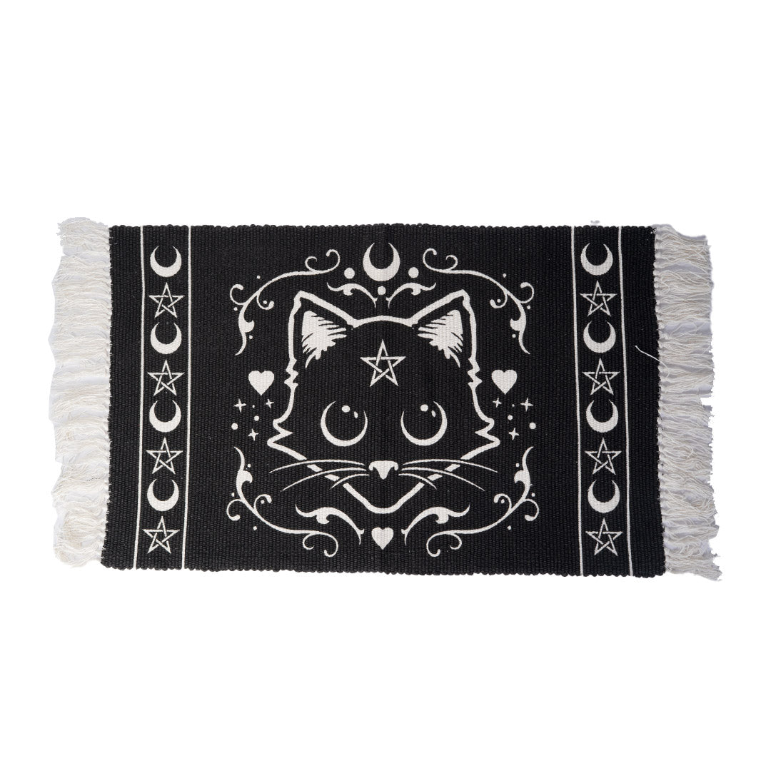 Cotton rug, white on black with fringe. Cat face with pentacle, moon and heart designs