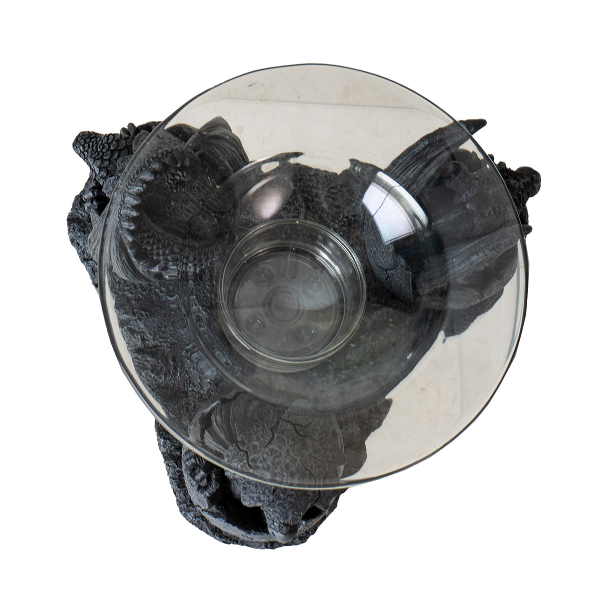 trio of dragon hatchlings in faux stone holding up glass dish, oil burner, shown top down