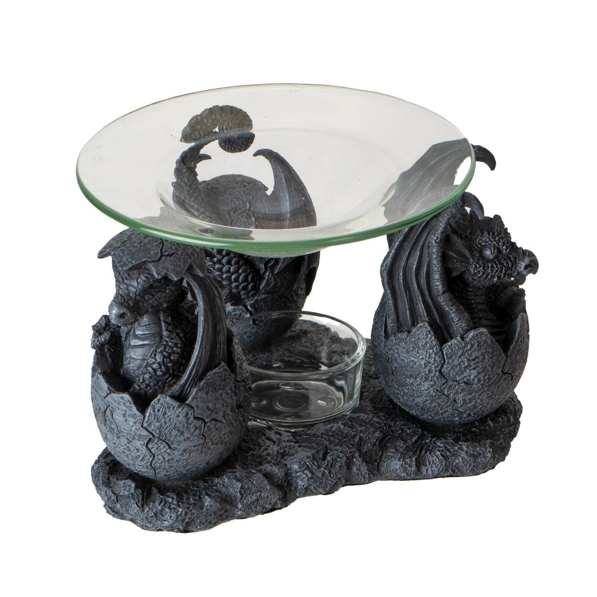trio of dragon hatchlings in faux stone holding up glass dish, oil burner