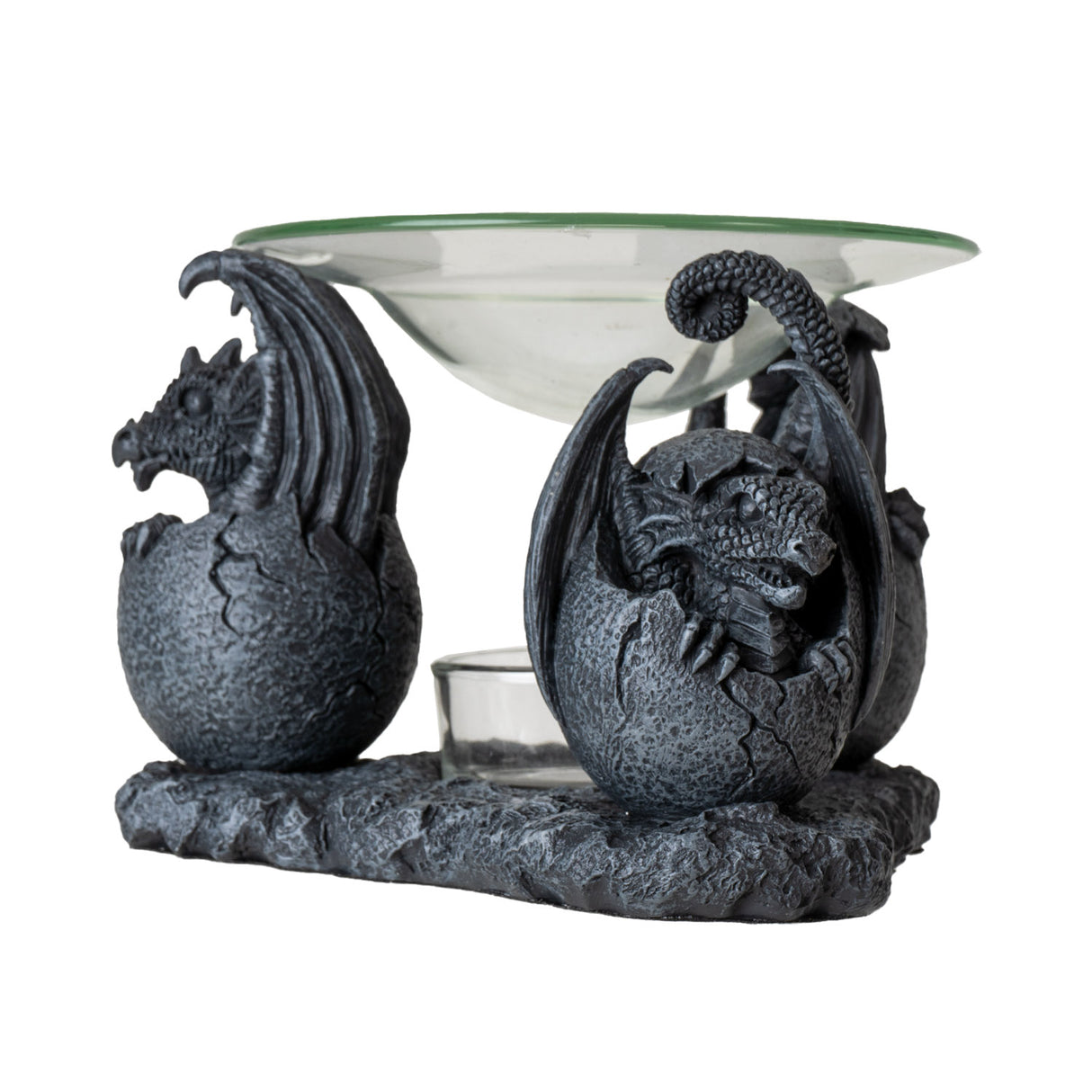 trio of dragon hatchlings in faux stone holding up glass dish, oil burner
