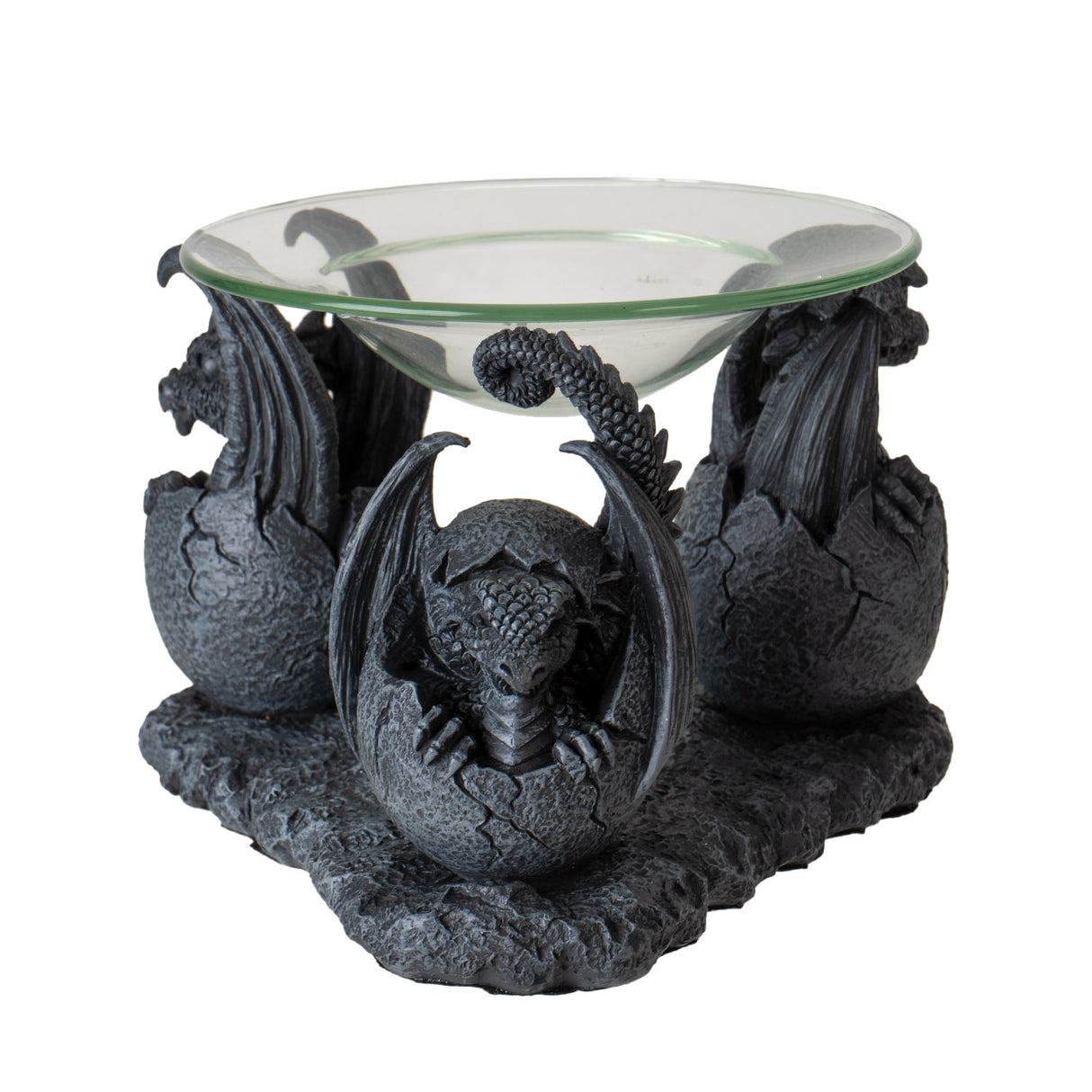 trio of dragon hatchlings in faux stone holding up glass dish, oil burner