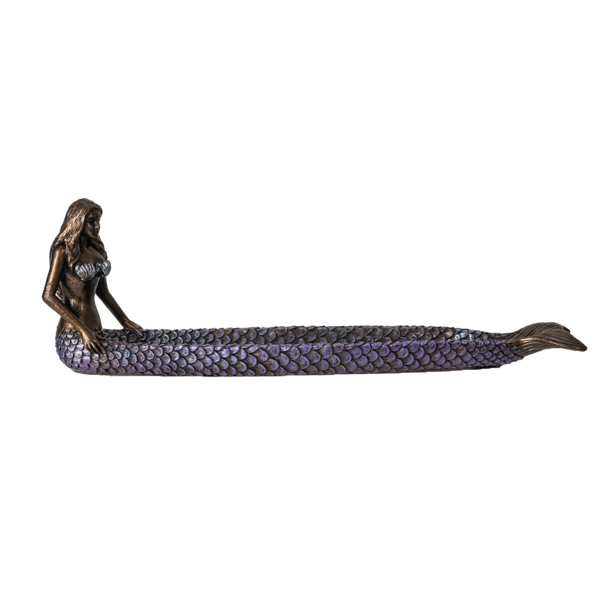 Mermaid incense holder with purple scales and metallic bronze body
