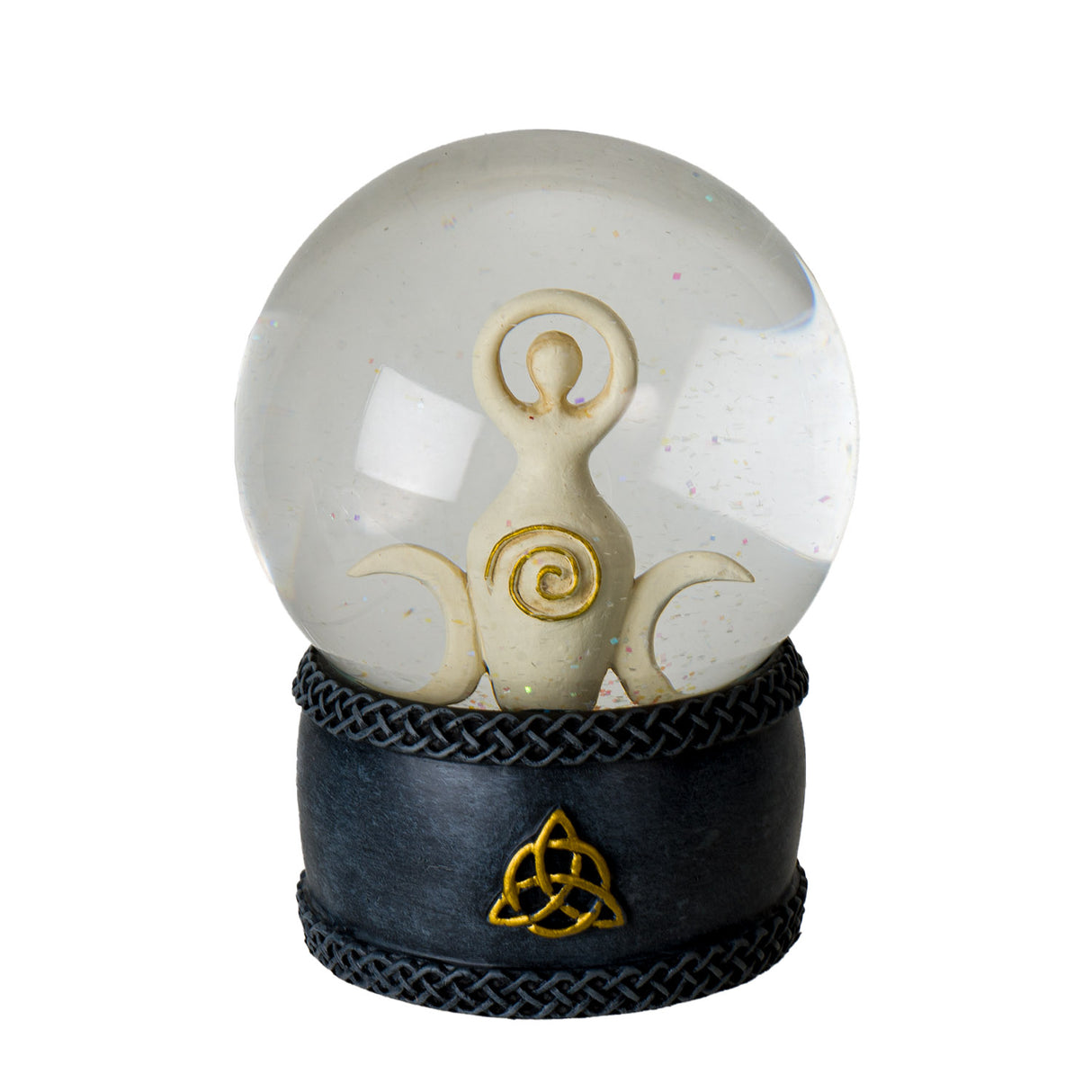 Water globe with spiral goddess and moons in white with gold accents, black base with metallic Celtic knot