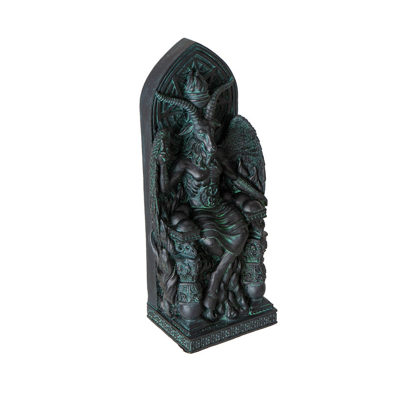Figurine in dark teal faux-stone of seated Baphomet on throne with goat face, antlers, cloven hooves, symbols surrounding him