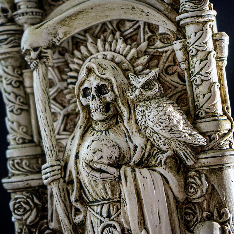 Closeup of skeleton face, scythe, owl