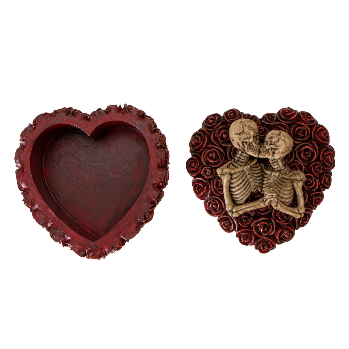 Trinket box shaped like a heart covered in red roses, pair of skeletons kissing on the lid. Shown open