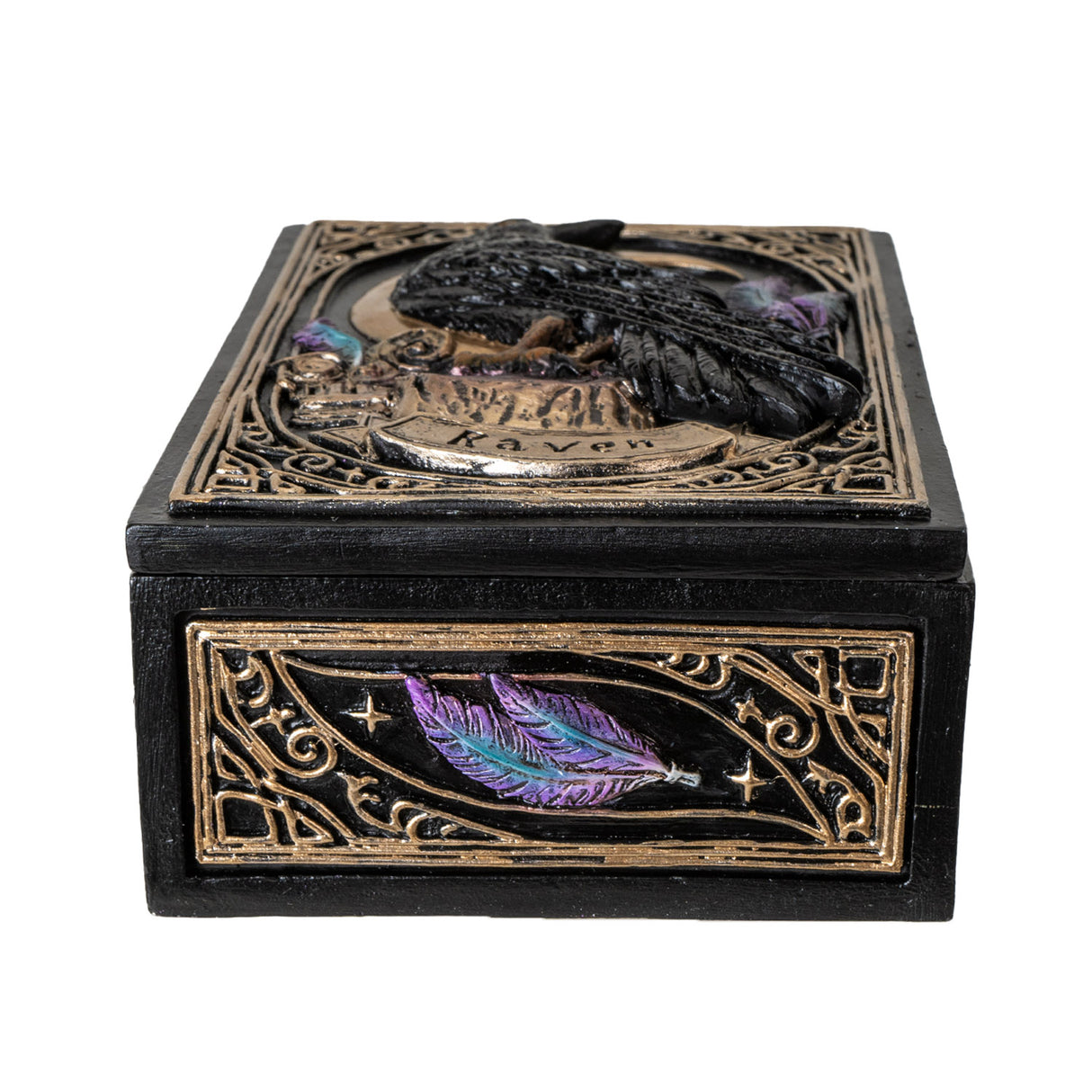 Tarot trinket box with raven and moon design on lid and feathers around outside