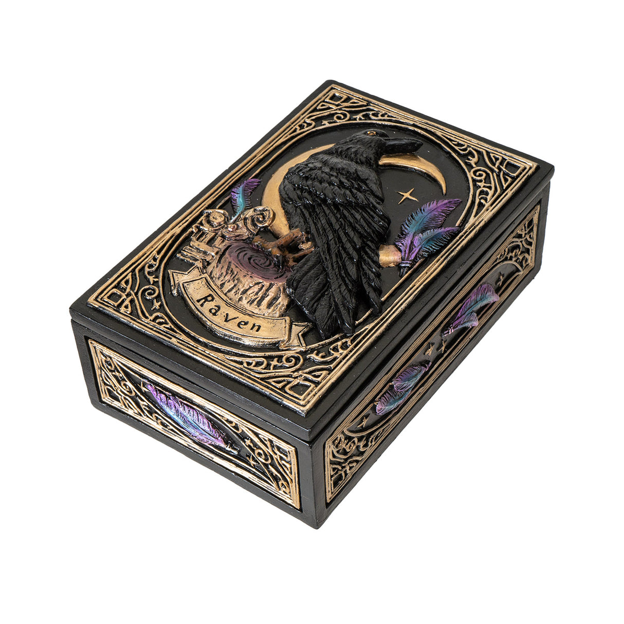 Tarot trinket box with raven and moon design on lid and feathers around outside
