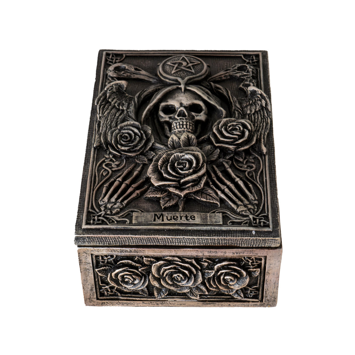 Trinket box, skeleton in hood with roses, wings, bird skulls. Roses around outside