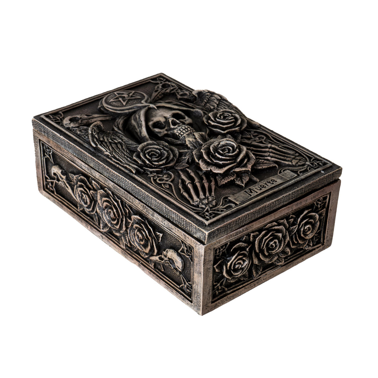 Trinket box, skeleton in hood with roses, wings, bird skulls