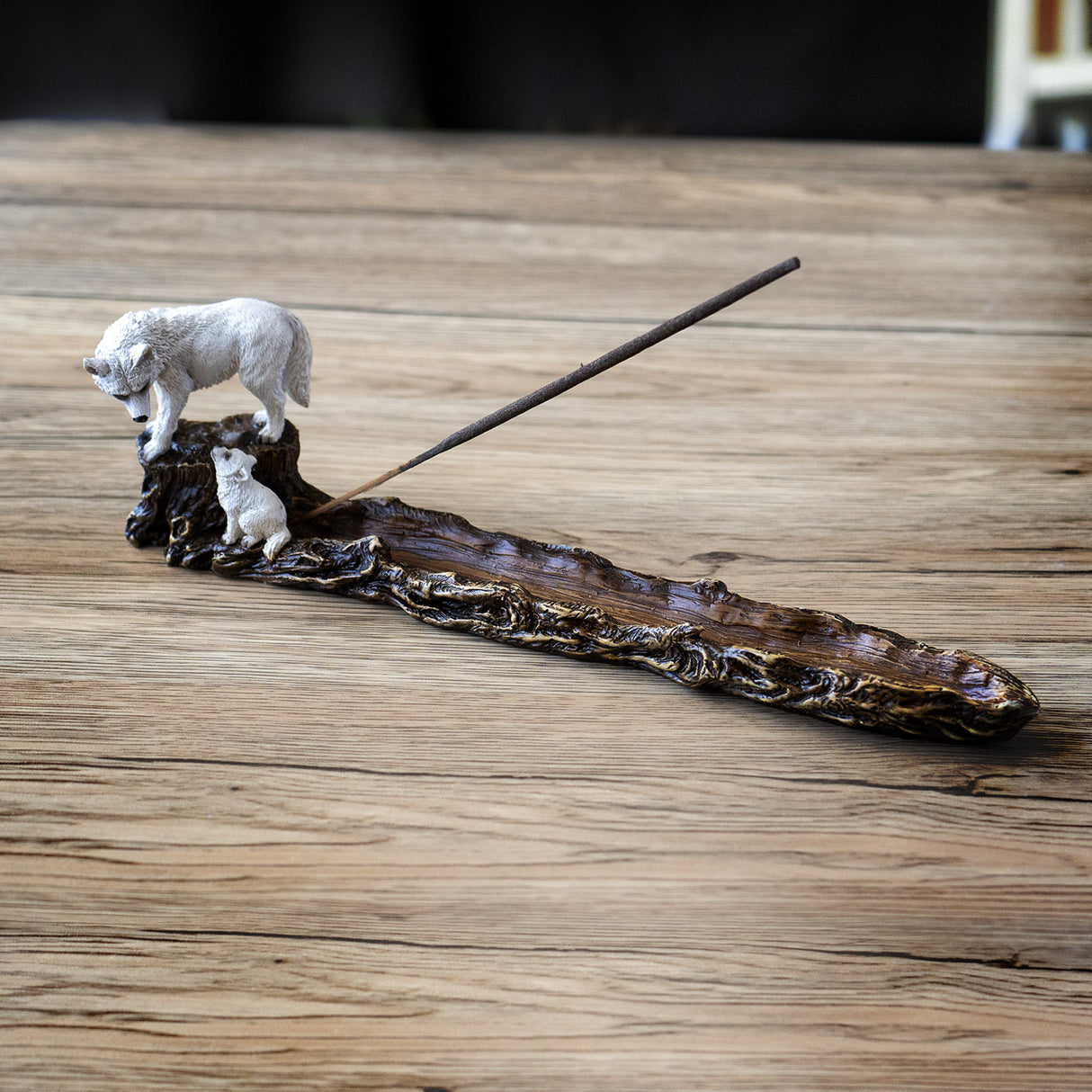 Incense holder, faux wood log, white wolf with pup