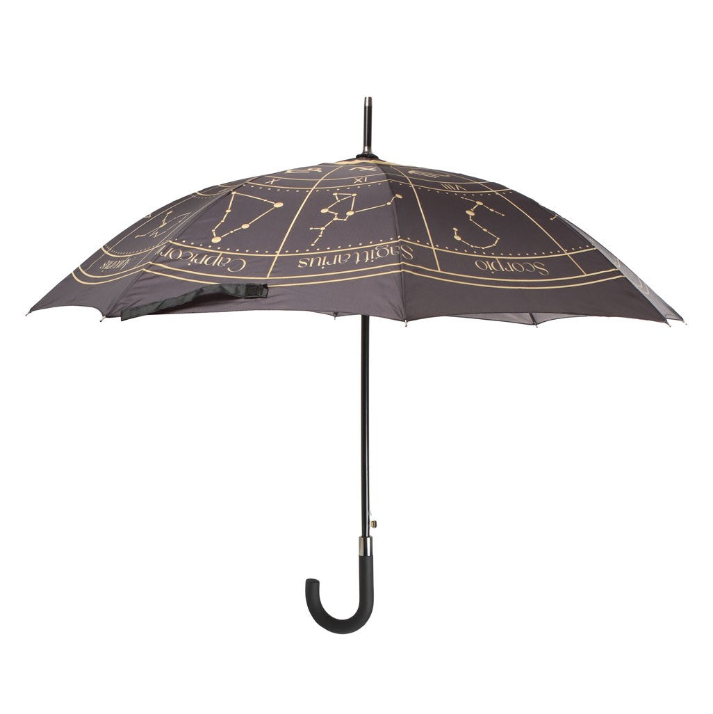 Black umbrella with gold astrology wheel symbols and crescent moon