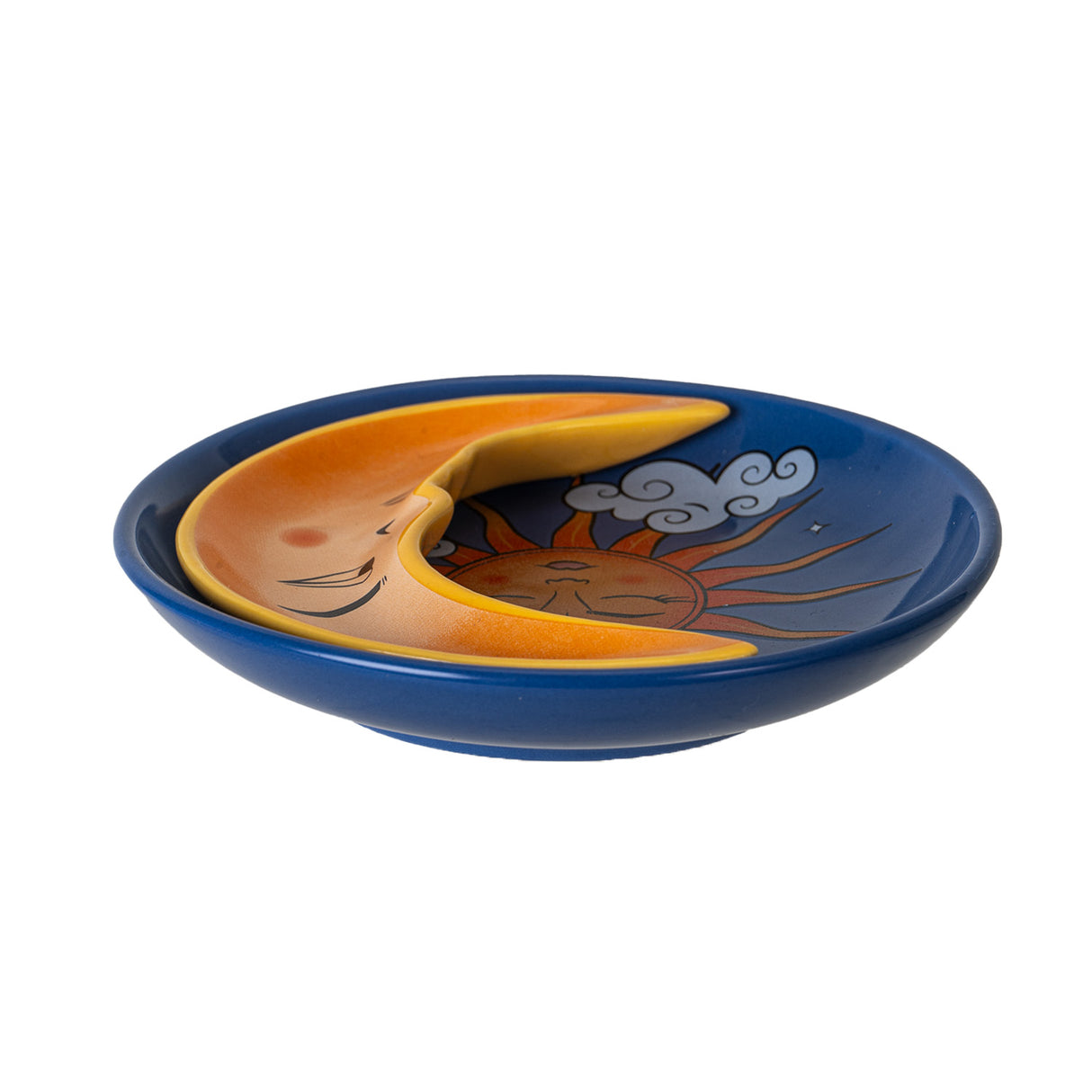 Trinket dish nesting set, blue round dish with sun and clouds, yellow crescent moon dish tucked inside