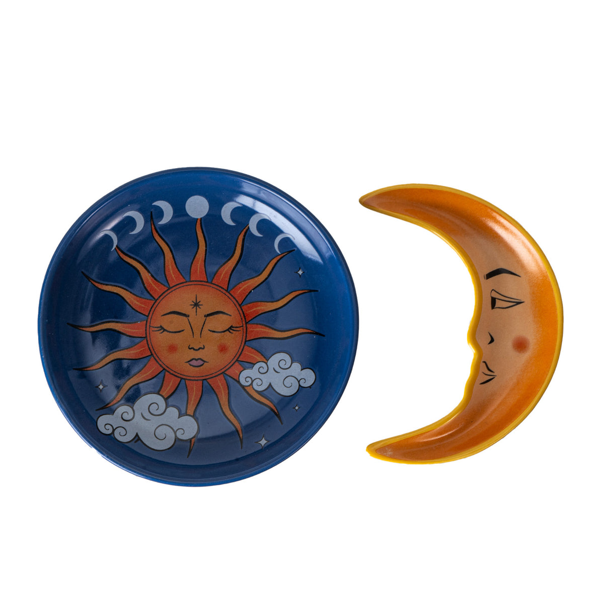 Trinket dish nesting set, blue round dish with sun and clouds, yellow crescent moon dish, shown separated