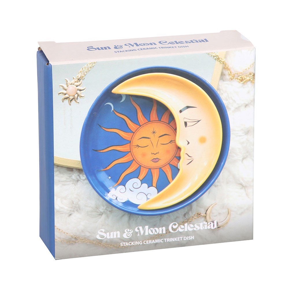 Trinket dish nesting set, blue round dish with sun and clouds, yellow crescent moon dish, shown in box packaging