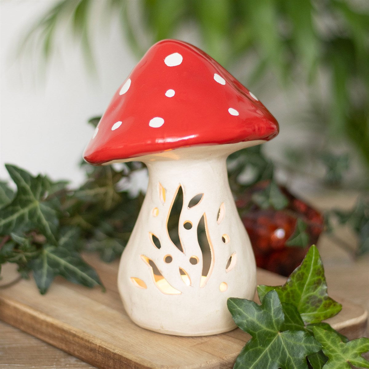 Mushroom tealight candle holder - white stem with red topped toadstool
