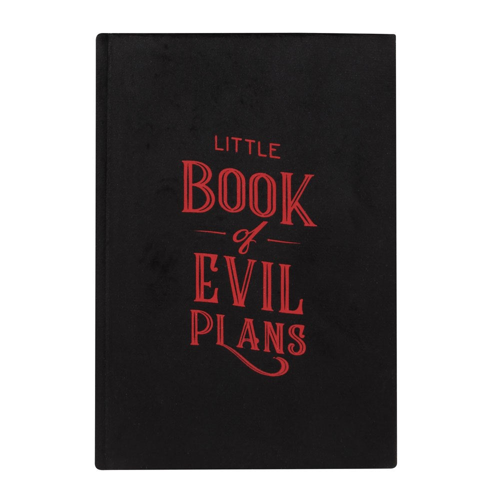 Journal, black velvet cover that says "Little Book of Evil Plans"