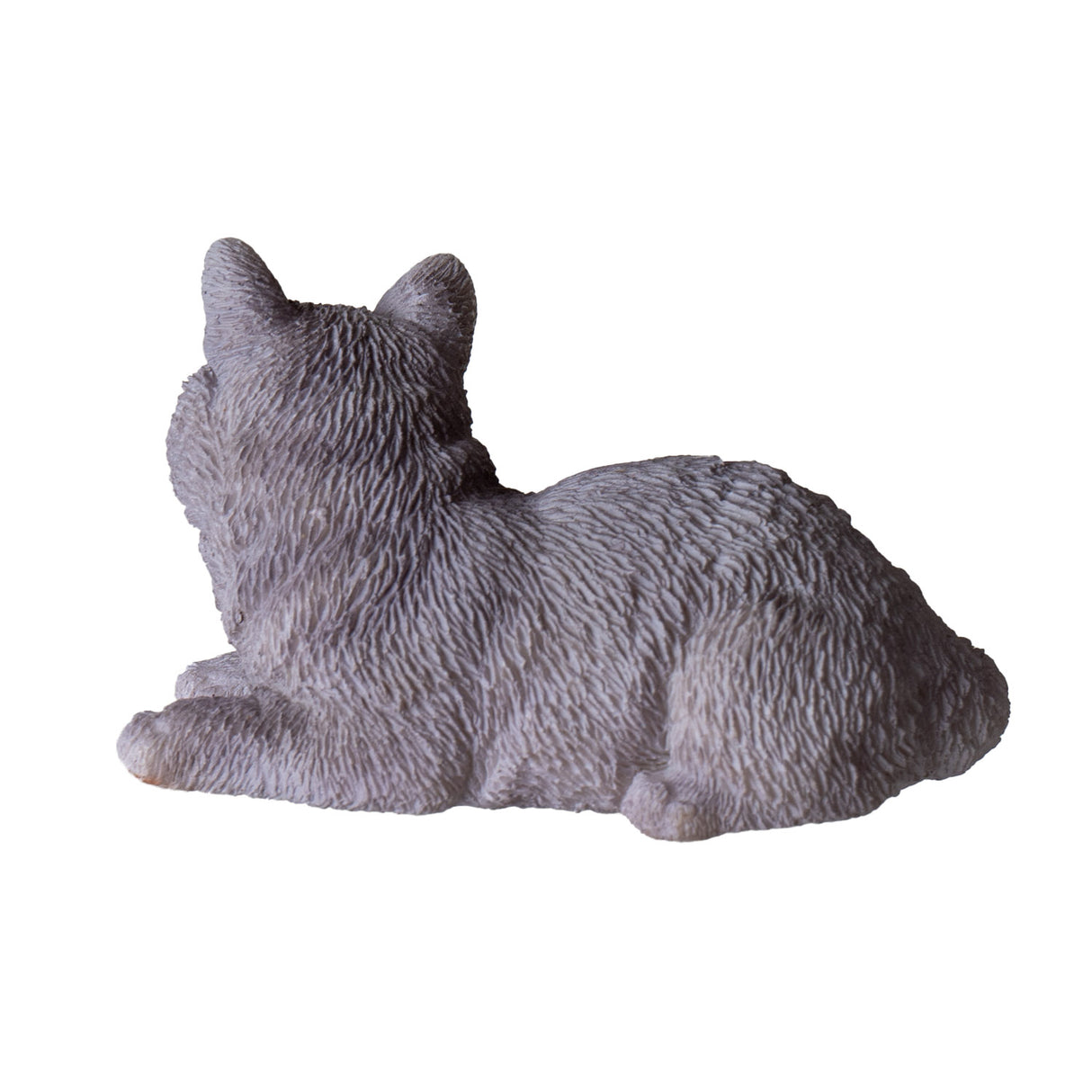 Figurine of a gray kitten, short haired with orange eyes, lying down, shown from the back