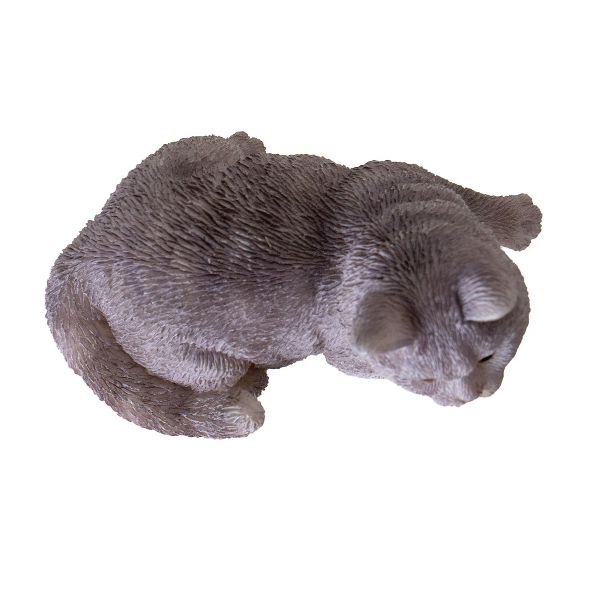Figurine of a gray kitten, short haired with orange eyes, lying down, shown top down