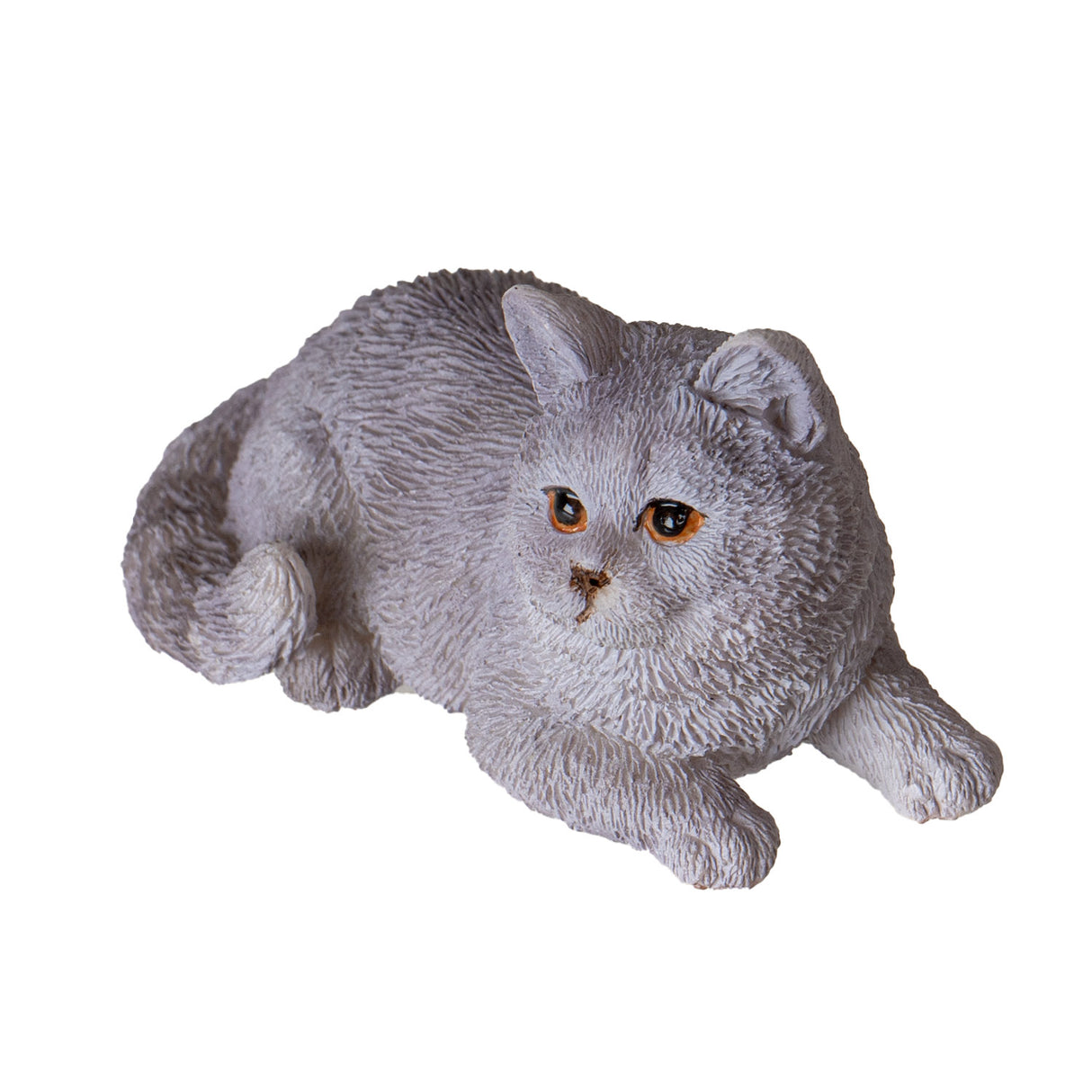 Figurine of a gray kitten, short haired with orange eyes, lying down