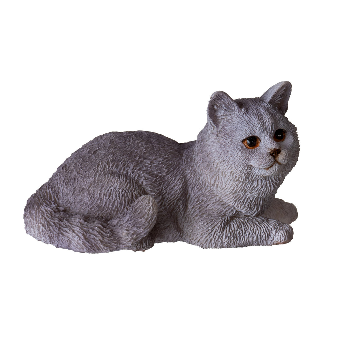 Figurine of a gray kitten, short haired with orange eyes, lying down