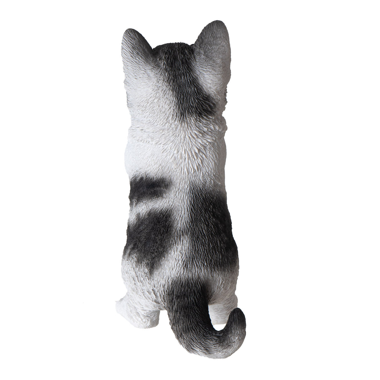 Figurine of a white cat with grey splotches standing up, begging for treats