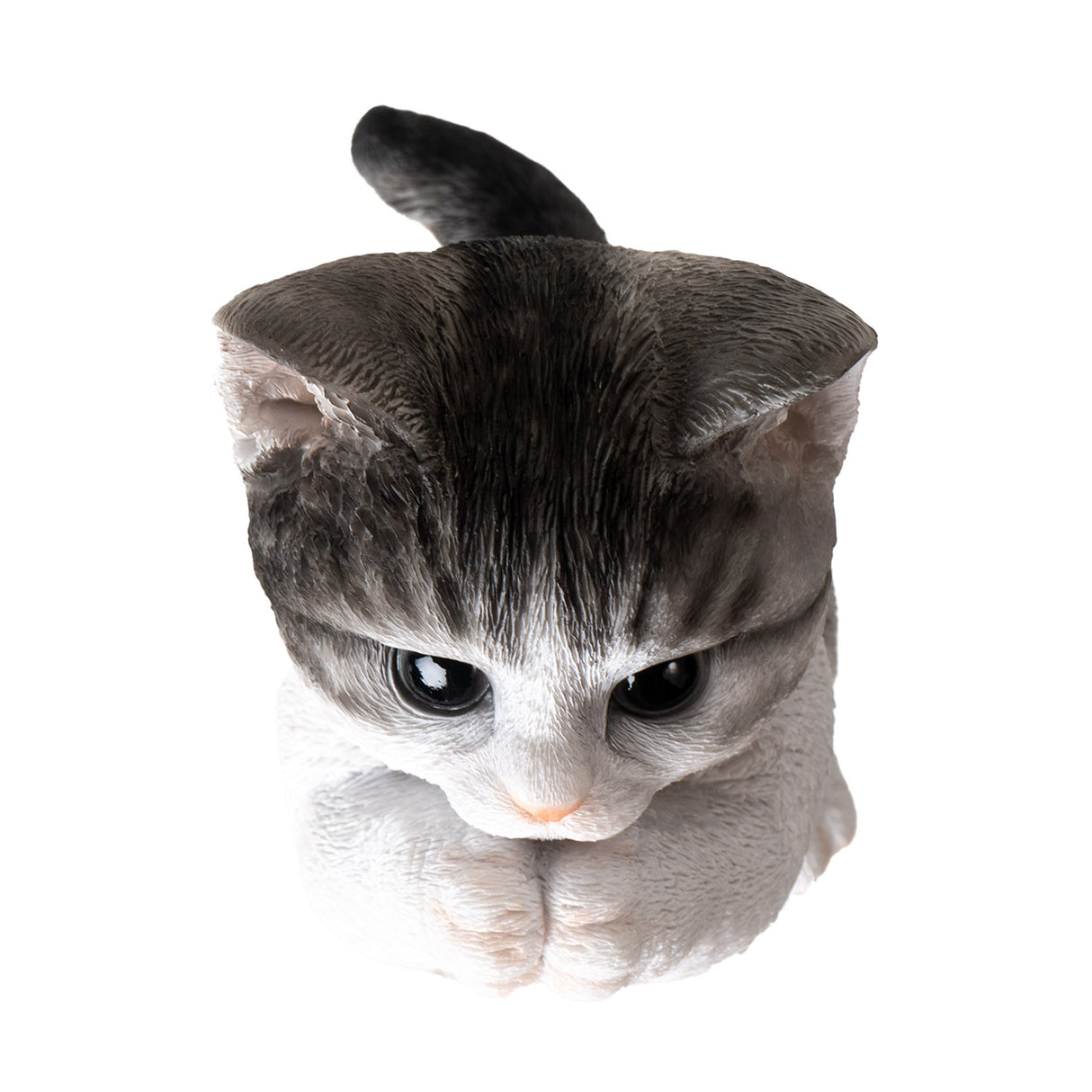 Figurine of a white cat with grey splotches standing up, begging for treats