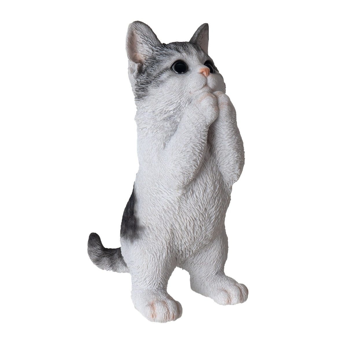 Figurine of a white cat with grey splotches standing up, begging for treats