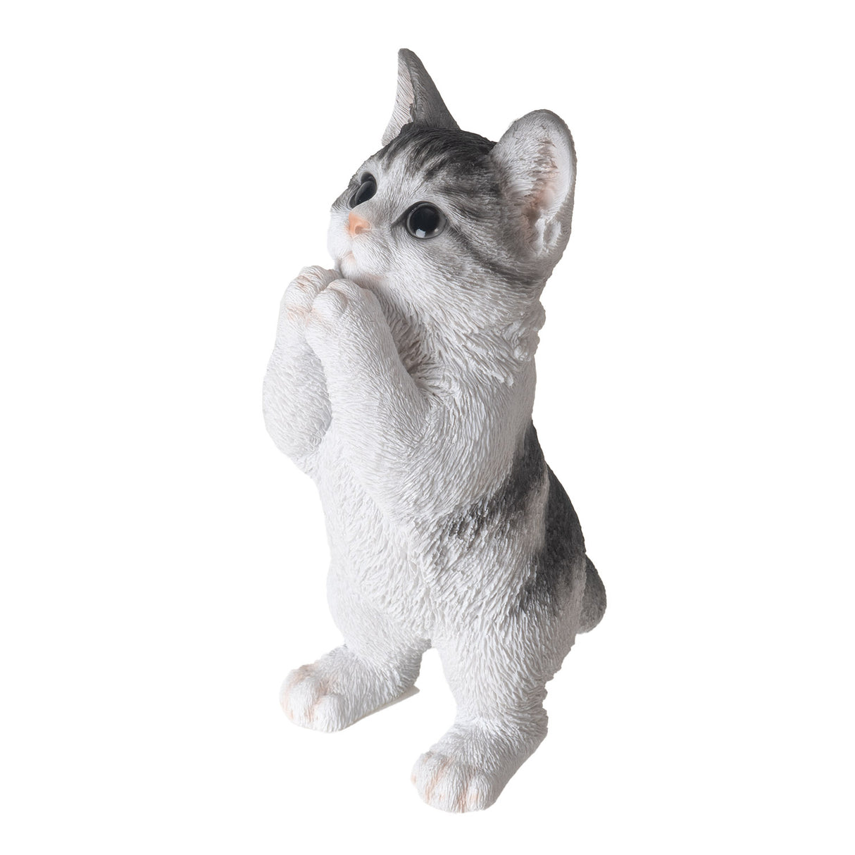 Figurine of a white cat with grey splotches standing up, begging for treats