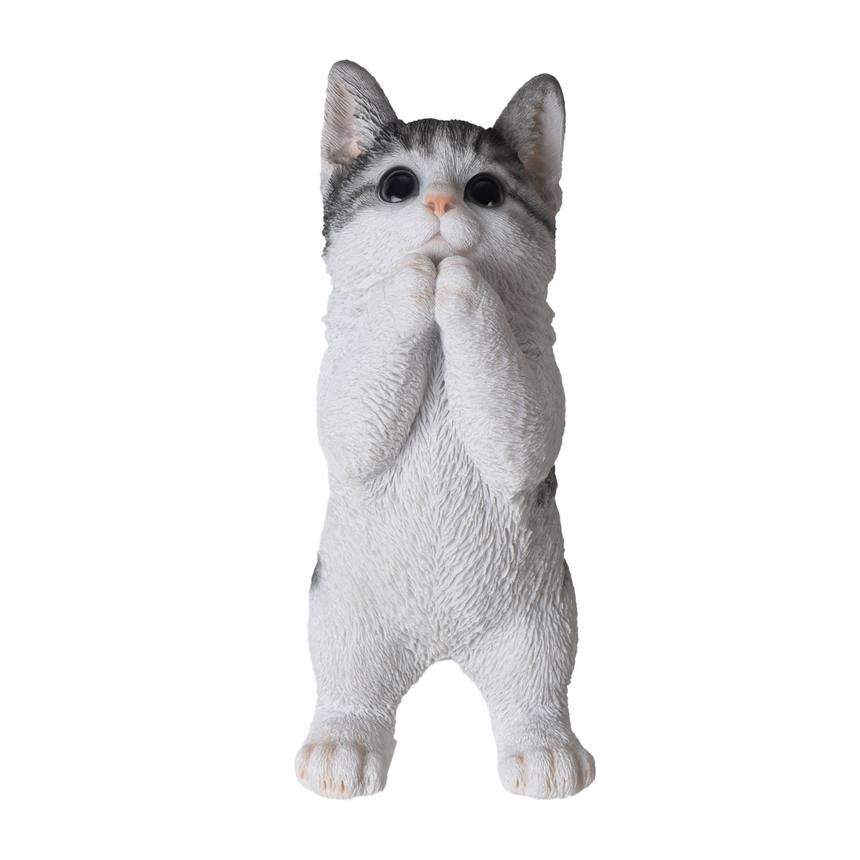 Figurine of a white cat with grey splotches standing up, begging for treats